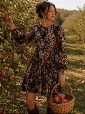Free People Black Floral Mini Dress with Brown and Cream Accents